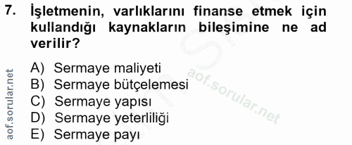 7. soru: İşletmenin, varlıklarını finanse etmek için kullandığı kaynakların bileşimine ne ad verilir? A) Sermaye maliyeti B) S…