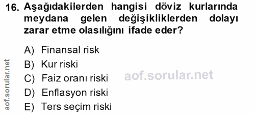 16. soru: Aşağıdakilerden hangisi döviz kurlarında meydana gelen değişikliklerden dolayı zarar etme olasılığını ifade eder? A)…