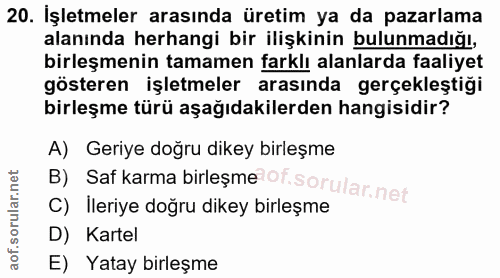 20. soru: İşletmeler arasında üretim ya da pazarlama alanında herhangi bir ilişkinin bulunmadığı, birleşmenin tamamen farklı al…