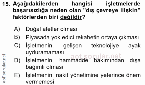 15. soru: Aşağıdakilerden hangisi işletmelerde başarısızlığa neden olan "dış çevreye ilişkin" faktörlerden biri değildir? A) Do…