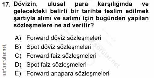 17. soru: Dövizin, ulusal para karşılığında ve gelecekteki belirli bir tarihte teslim edilmek şartıyla alımı ve satımı için bug…