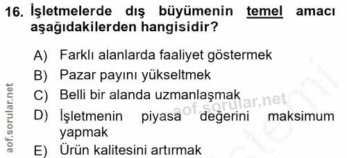 16. soru: İşletmelerde dış büyümenin temel amacı aşağıdakilerden hangisidir? A) Farklı alanlarda faaliyet göstermek B) Pazar pa…