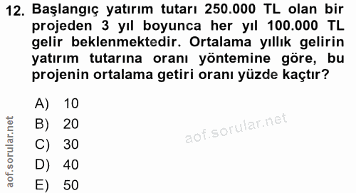 12. soru: Başlangıç yatırım tutarı 250.000 TL olan bir projeden 3 yıl boyunca her yıl 100.000 TL gelir beklenmektedir. Ortalama…