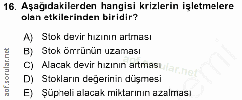 16. soru: Aşağıdakilerden hangisi krizlerin işletmelere olan etkilerinden biridir? A) Stok devir hızının artması B) Stok ömrünü…