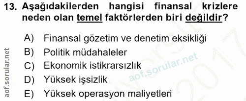 13. soru: Aşağıdakilerden hangisi finansal krizlere neden olan temel faktörlerden biri değildir? A) Finansal gözetim ve denetim…
