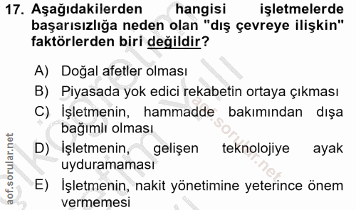 17. soru: Aşağıdakilerden hangisi işletmelerde başarısızlığa neden olan "dış çevreye ilişkin" faktörlerden biri değildir? A) Do…