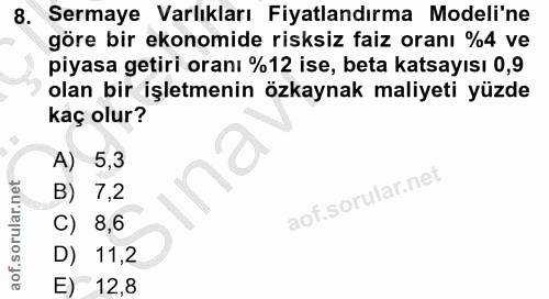 8. soru: Sermaye Varlıkları Fiyatlandırma Modeli'ne göre bir ekonomide risksiz faiz oranı %4 ve piyasa getiri oranı %12 ise, b…