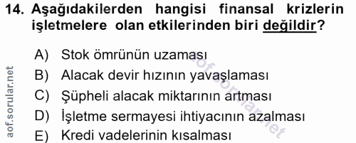 14. soru: Aşağıdakilerden hangisi finansal krizlerin işletmelere olan etkilerinden biri değildir? A) Stok ömrünün uzaması B) Al…