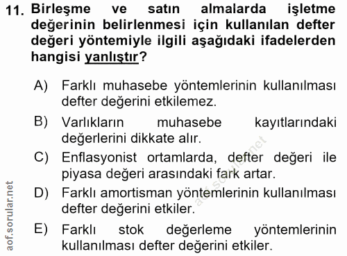 11. soru: Birleşme ve satin almalarda işletme değerinin belirlenmesi için kullanılan defter değeri yöntemiyle ilgili aşağıdaki…