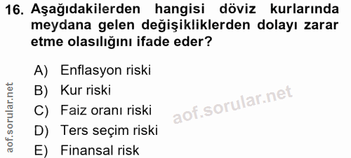 16. soru: Aşağıdakilerden hangisi döviz kurlarında meydana gelen değişikliklerden dolayı zarar etme olasılığını ifade eder? A)…