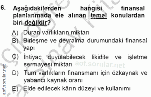6. soru: Aşağıdakilerden hangisi finansal planlanmada ele alınan temel konulardan biri değildir? A) Duran varlıkların miktarı…
