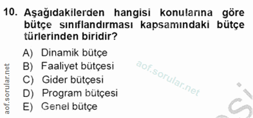 10. soru: Aşağıdakilerden hangisi konularına göre bütçe sınıflandırması kapsamındaki bütçe türlerinden biridir? A) Dinamik bütç…