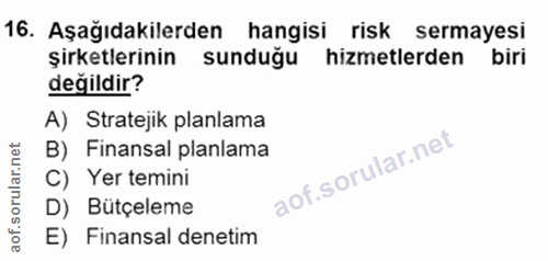 16. soru: Aşağıdakilerden hangisi risk sermayesi şirketlerinin sunduğu hizmetlerden biri değildir? A) Stratejik planlama B) Fin…