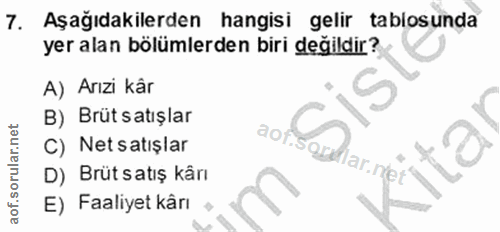 7. soru: Aşağıdakilerden hangisi gelir tablosunda yer alan bölümlerden biri degildir? A) Arızi kâr B) Brüt satışlar C) Net sat…