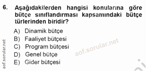 6. soru: Aşağıdakilerden hangisi konularına göre bütçe sınıflandırması kapsamındaki bütçe türlerinden biridir? A) Dinamik bütç…