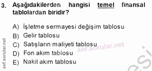 3. soru: Aşağıdakilerden hangisi temel finansal tablolardan biridir? A) İşletme sermayesi değişim tablosu B) Gelir tablosu C)…
