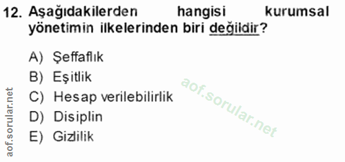 12. soru: Aşağıdakilerden hangisi kurumsal yönetimin ilkelerinden biri değildir? A) Şeffaflık B) Eşitlik C) Hesap verilebilirli…