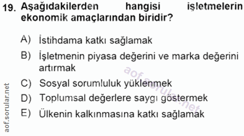 19. soru: Aşağıdakilerden hangisi işletmelerin ekonomik amaçlarından biridir? A) İstihdama katkı sağlamak B) İşletmenin piyasa…