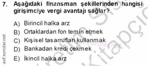 7. soru: Aşağıdaki finansman şekillerinden hangisi girişimciye vergi avantajı sağlar? A) Birincil halka arz B) Ortaklardan fon…