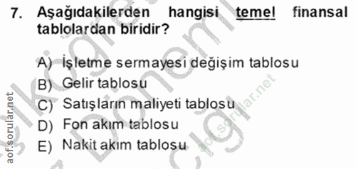 7. soru: Aşağıdakilerden hangisi temel finansal tablolardan biridir? A) İşletme sermayesi değişim tablosu B) Gelir tablosu C)…