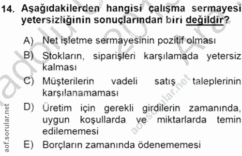 14. soru: Aşağıdakilerden hangisi çalışma sermayesi yetersizliğinin sonuçlarından biri degildir? A) Net işletme sermayesinin po…