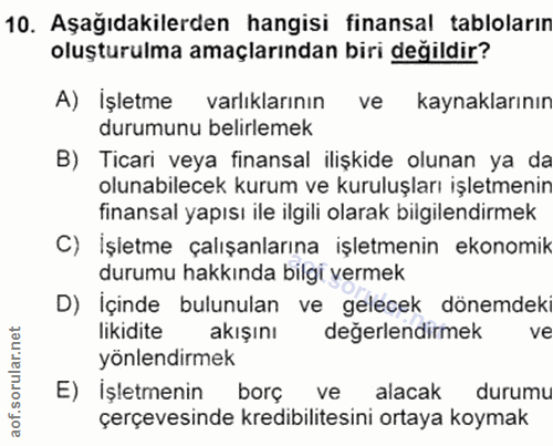 10. soru: Aşağıdakilerden hangisi finansal tabloların oluşturulma amaçlarından biri değildir? A) Işletme varlıklarının ve kayna…