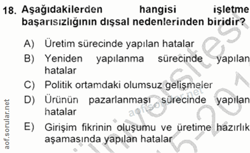 18. soru: Aşağıdakilerden hangisi işletme başarısızlığının dışsal nedenlerinden biridir? A) Üretim sürecinde yapılan hatalar B)…