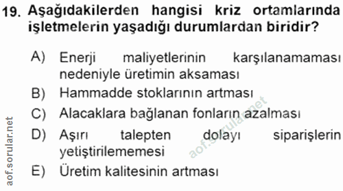 19. soru: Aşağıdakilerden hangisi kriz ortamlarında işletmelerin yaşadığı durumlardan biridir? A) Enerji maliyetlerinin karşıla…
