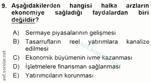 9. soru: Aşağıdakilerden hangisi halka arzların ekonomiye sağladığı faydalardan biri değildir? A) Sermaye piyasalarının gelişm…