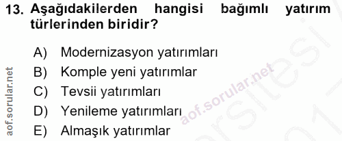 13. soru: Aşağıdakilerden hangisi bağımlı yatırım türlerinden biridir? A) Modernizasyon yatırımları B) Komple yeni yatırımlar C…