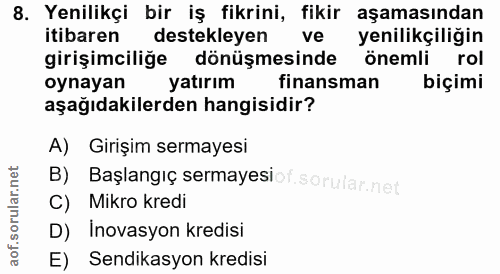 8. soru: Yenilikçi bir iş fikrini, fikir aşamasından itibaren destekleyen ve yenilikçiliğin girişimciliğe dönüşmesinde önemli…
