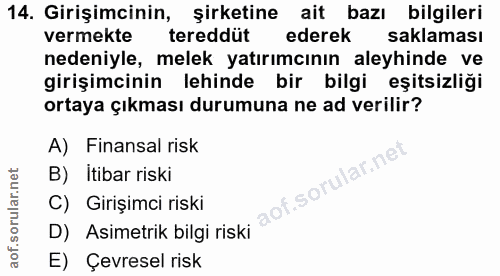 14. soru: Girişimcinin, şirketine ait bazı bilgileri vermekte tereddut ederek saklaması nedeniyle, melek yatırımcının aleyhinde…