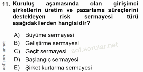 11. soru: Kuruluş aşamasında olan girişimci şirketlerin üretim ve pazarlama süreçlerini destekleyen risk sermayesi türü aşağıda…