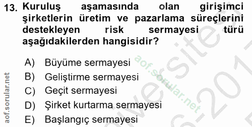13. soru: Kuruluş aşamasında olan girişimci şirketlerin üretim ve pazarlama süreçlerini destekleyen risk sermayesi türü aşağıda…