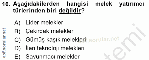 16. soru: Aşağıdakilerden hangisi melek yatırımcı türlerinden biri değildir? A) Lider melekler B) Çekirdek melekler C) Gümüş ka…