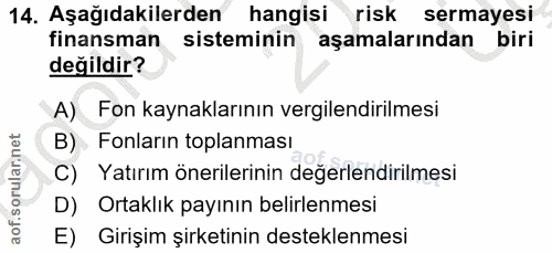 14. soru: Aşağıdakilerden hangisi risk sermayesi finansman sisteminin aşamalarından biri değildir? A) Fon kaynaklarının vergile…