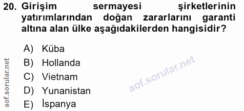 20. soru: Girişim sermayesi şirketlerinin yatırımlarından doğan zararlarını garanti altına alan ülke aşağıdakilerden hangisidir…
