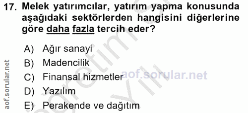 17. soru: Melek yatırımcılar, yatırım yapma konusunda aşağıdaki sektörlerden hangisini digerlerine göre daha fazla tercih eder?…
