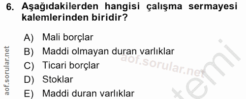 6. soru: Aşağıdakilerden hangisi çalışma sermayesi kalemlerinden biridir? A) Mali borçlar B) Maddi olmayan duran varlıklar aot…