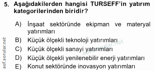 5. soru: Aşağıdakilerden hangisi TURSEFF'in yatırım kategorilerinden biridir? A) İnşaat sektöründe ekipman ve materyal yatırım…