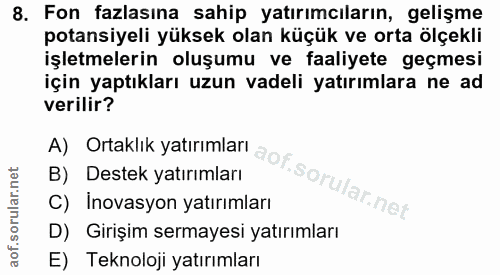 8. soru: Fon fazlasına sahip yatırımcıların, gelişme potansiyeli yüksek olan küçük ve orta ölçekli işletmelerin oluşumu ve faa…