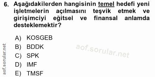 6. soru: Aşağıdakilerden hangisinin temel hedefi yeni işletmelerin açılmasını teşvik etmek ve girişimciyi eğitsel ve finansal…