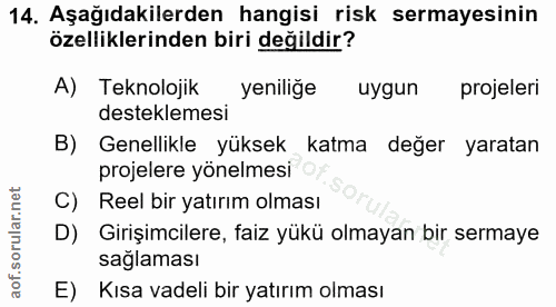 14. soru: Aşağıdakilerden hangisi risk sermayesinin özelliklerinden biri değildir? A) Teknolojik yeniliğe uygun projeleri deste…