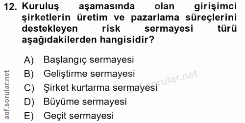 12. soru: Kuruluş aşamasında olan girişimci şirketlerin üretim ve pazarlama süreçlerini destekleyen risk sermayesi türü aşağıda…