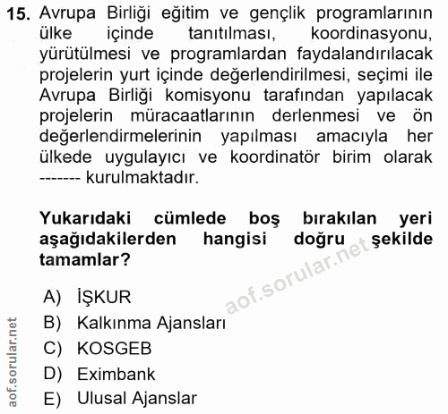 15. soru: Avrupa Birliği eğitim ve gençlik programlarının ülke içinde tanıtılması, koordinasyonu, yürütülmesi ve programlardan…
