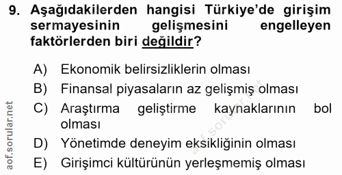 9. soru: Aşağıdakilerden hangisi Türkiye'de girişim sermayesinin gelişmesini engelleyen faktörlerden biri değildir? A) Ekonomi…