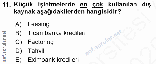 11. soru: Küçük işletmelerde en çok kullanılan dış kaynak aşağıdakilerden hangisidir? A) Leasing B) Ticari banka kredileri C) F…