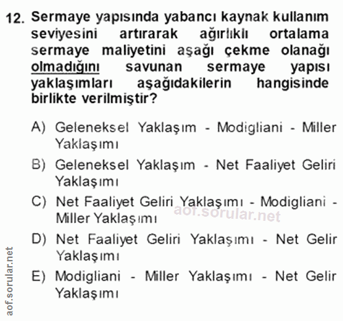 12. soru: Sermaye yapısında yabancı kaynak kullanım seviyesini artırarak ağırlıkiı ortalama sermaye maliyetini aşağı çekme olan…