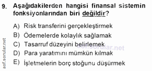 9. soru: Aşağıdakilerden hangisi finansal sistemin fonksiyonlarından biri değildir? A) Risk transferini gerçekleştirmek B) Öde…
