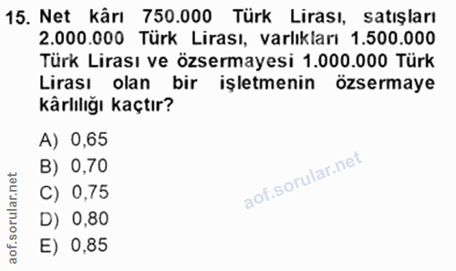 15. soru: Net kârı 750.000 Türk Lirası, satışları 2.000.000 Türk Lirası, varlıkları 1.500.000 Türk Lirası ve özsermayesi 1.000.…